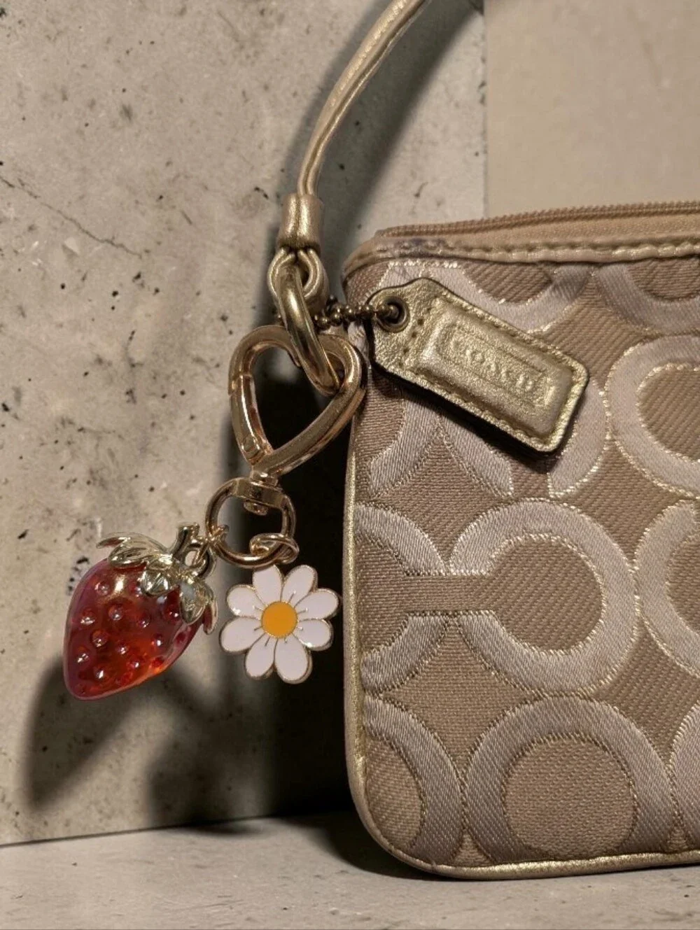Coach Beige Signature Jacquard Wristlet with Gold Hardware